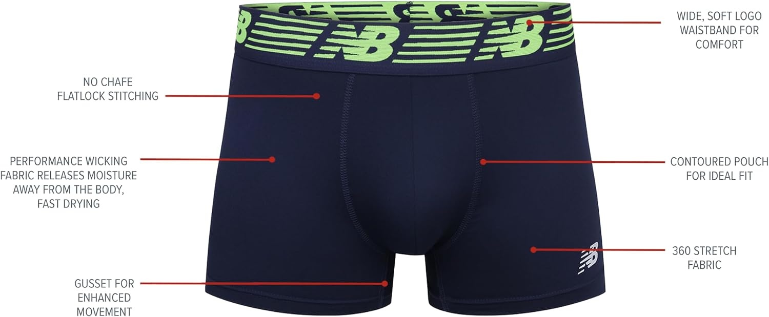 image:imageNew Balance Mens No Fly Trunks Underwear Jacquard Waistband Breathable Lightweight Moisture Wicking 3 PackBlackTeam RedThunder