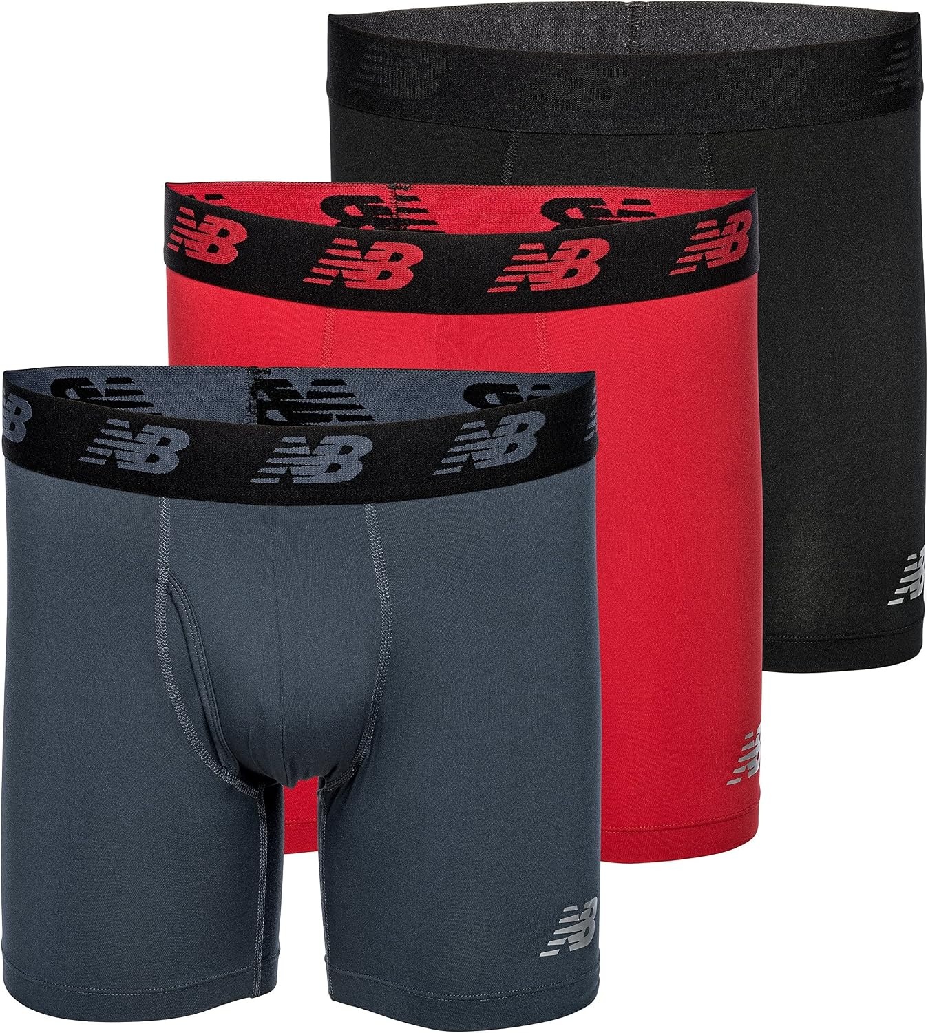 image:imageNew Balance Mens Performance Boxer Briefs with Fly Breathable Stretch Underwear Moisture Wicking Soft Waistband 3 PackBlackTeam RedThunder
