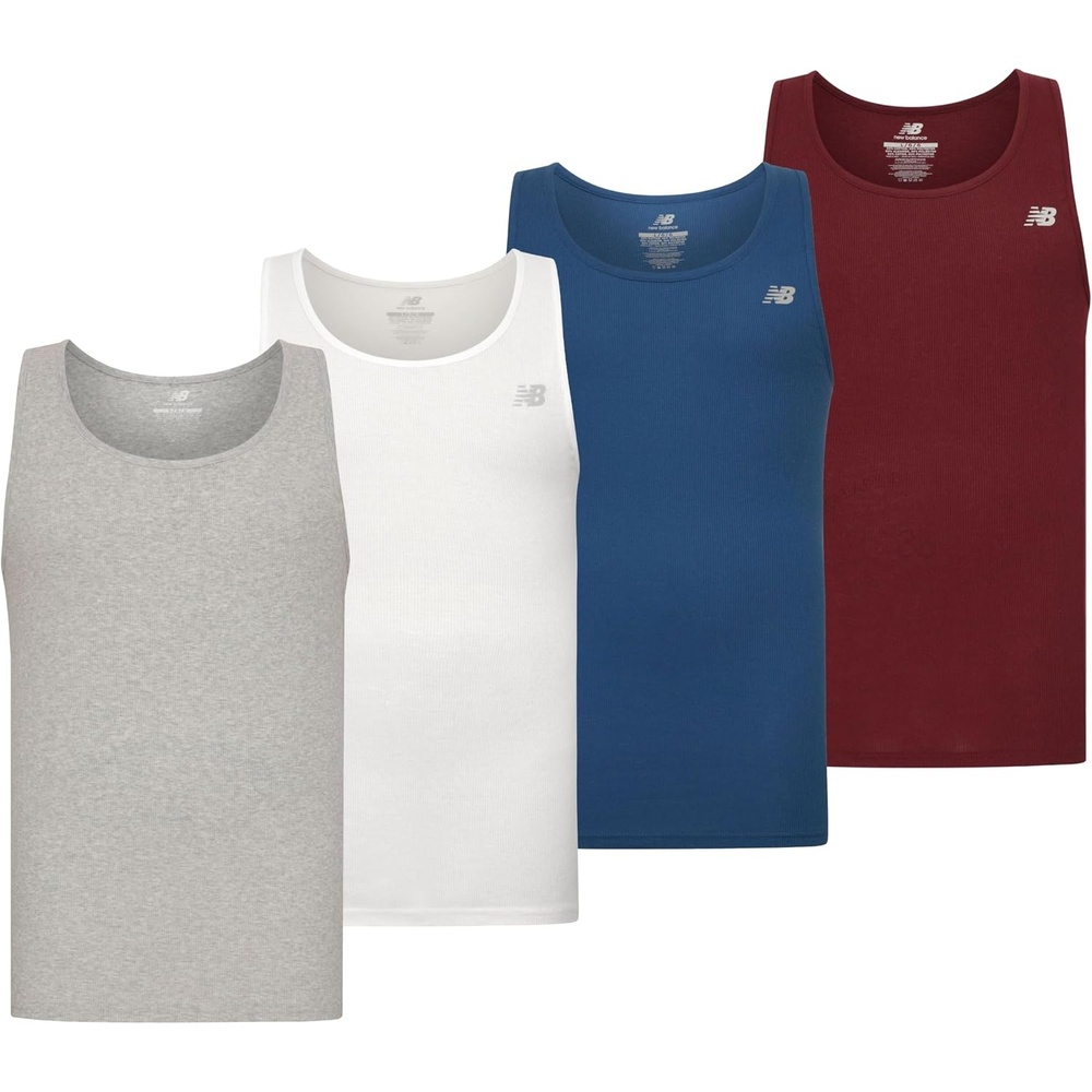 image:imageNew Balance Mens Cotton Performance Rib Tank Top Pack of 4WhiteLight Heather GreyBlue AgateCore Burgundy