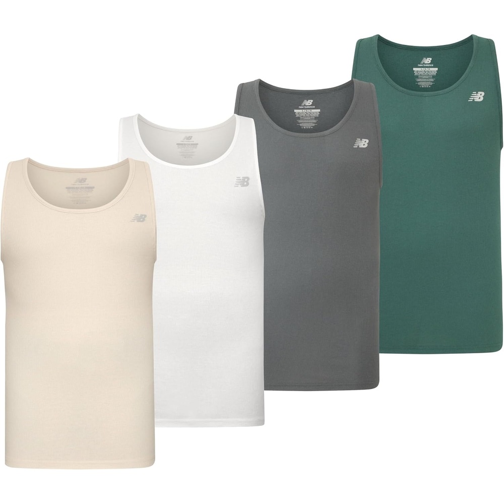 image:imageNew Balance Mens Cotton Performance Rib Tank Top Pack of 4WhiteLinenNew SpruceDark Artic Grey