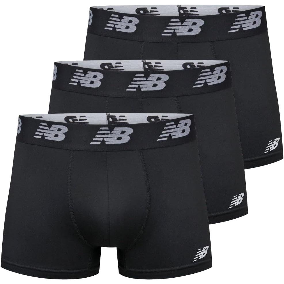 image:imageNew Balance Mens No Fly Trunks Underwear Jacquard Waistband Breathable Lightweight Moisture Wicking 3 PackBlackBlackBlack