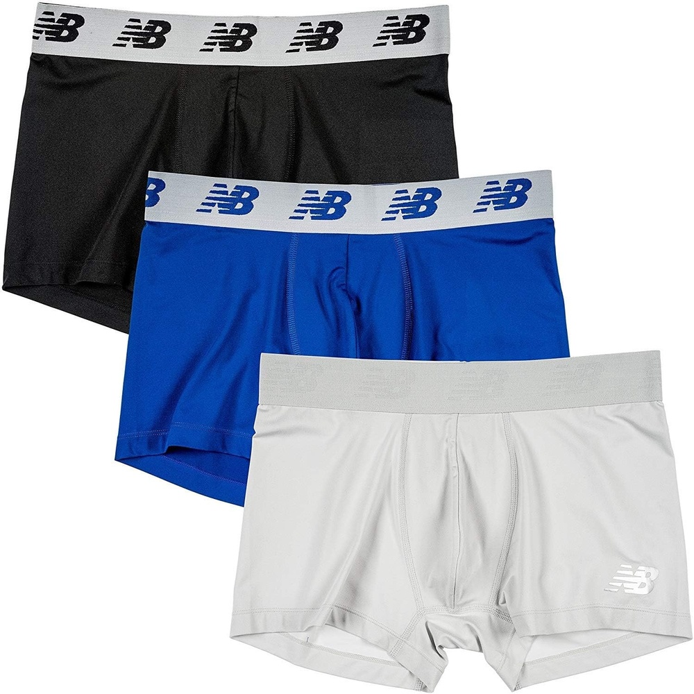 image:imageNew Balance Mens No Fly Trunks Underwear Jacquard Waistband Breathable Lightweight Moisture Wicking 3 PackBlackTeam RoyalConcrete