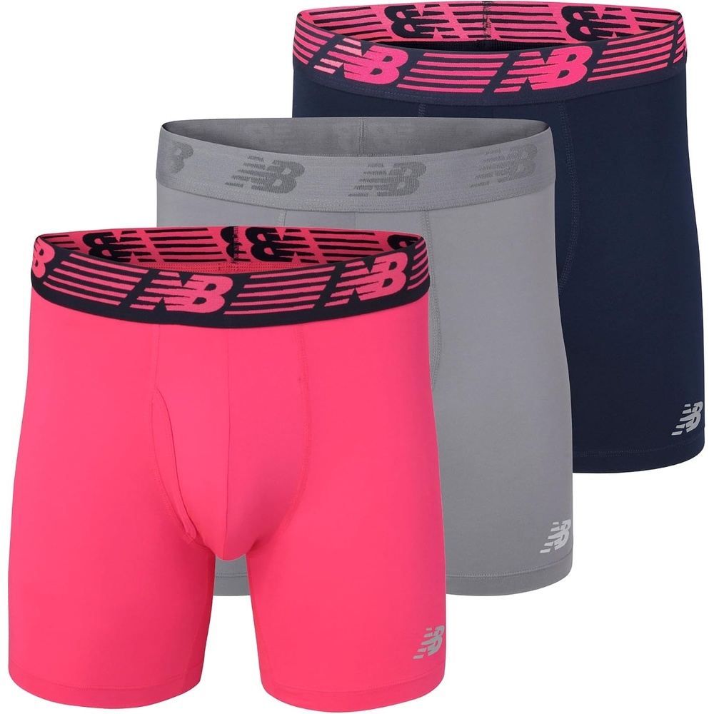 image:imageNew Balance Mens Performance Boxer Briefs with Fly Breathable Stretch Underwear Moisture Wicking Soft Waistband 3 PackPink ZingPigmentSteel