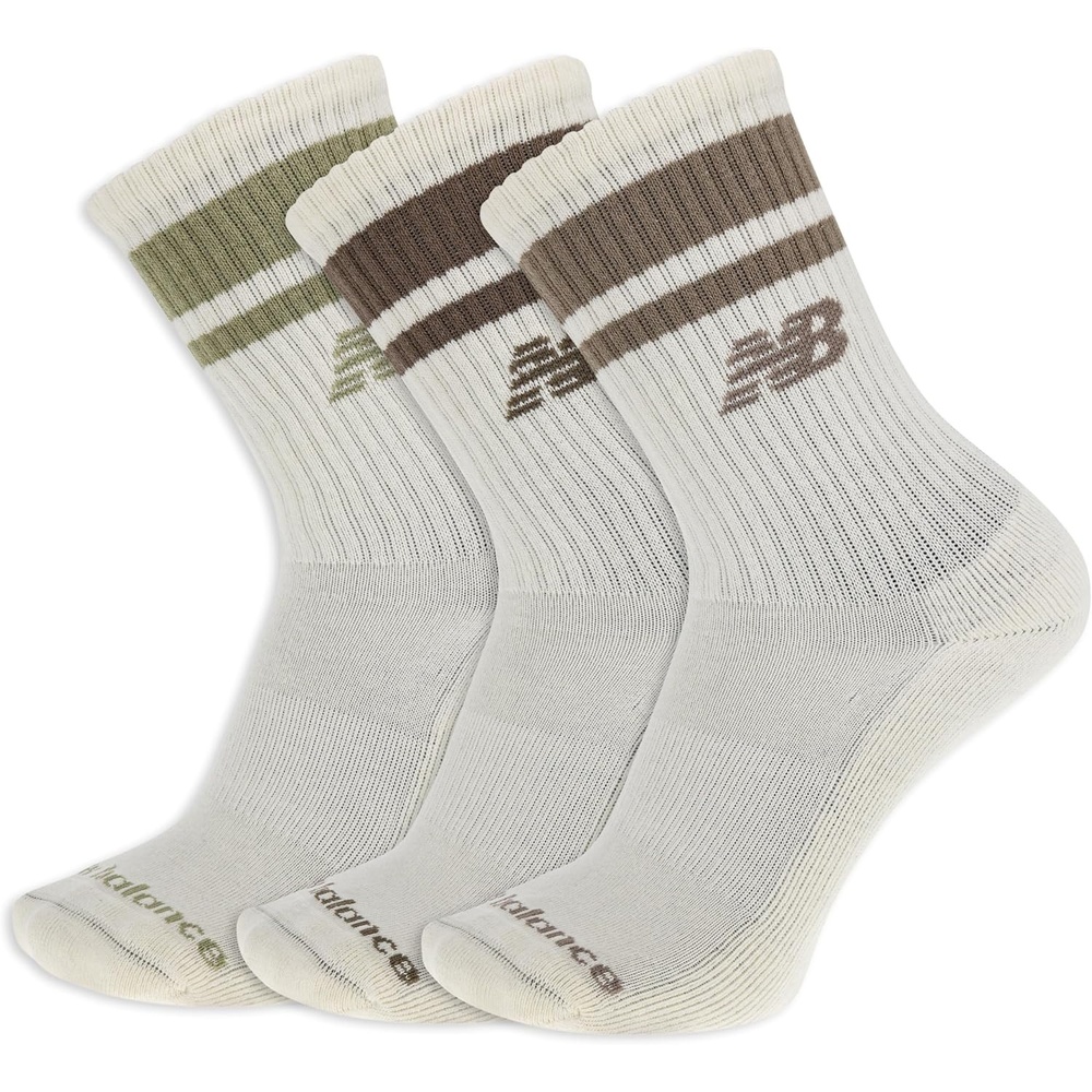 image:imageNew Balance Unisex Adult Organic Cotton Crew amp Midcrew Socks 3 Pairs Arch SupportCream Stripe