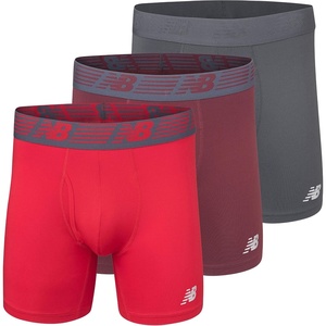 New Balance Men’s Performance Boxer Briefs with Fly, Breathable Stretch Underwear, Moisture Wicking, Soft Waistband (3 Pack)(Burgandy/Team Red/Thunder)