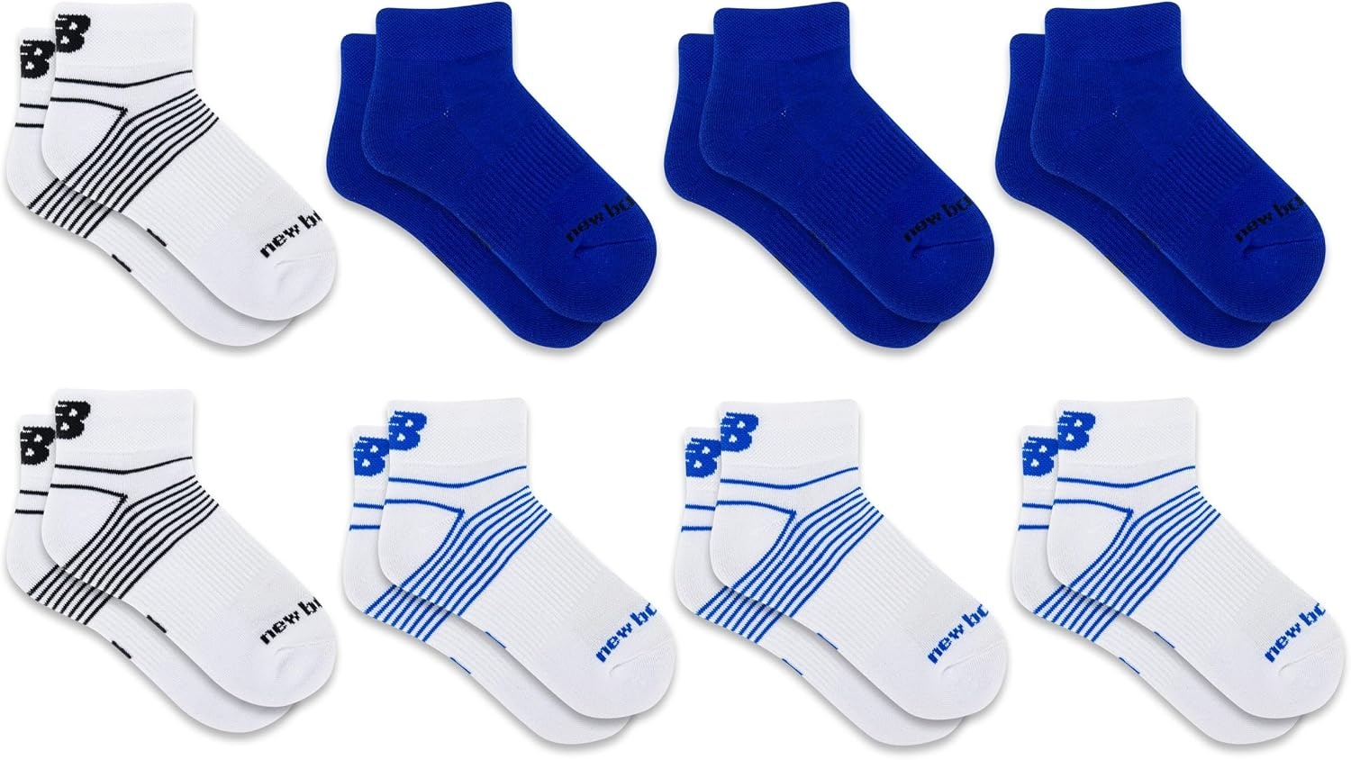 image:imageNew Balance Kids Performance Cushioned Low Cut Socks 8 Pairs Breathable Mesh Arch SupportWhiteBlue