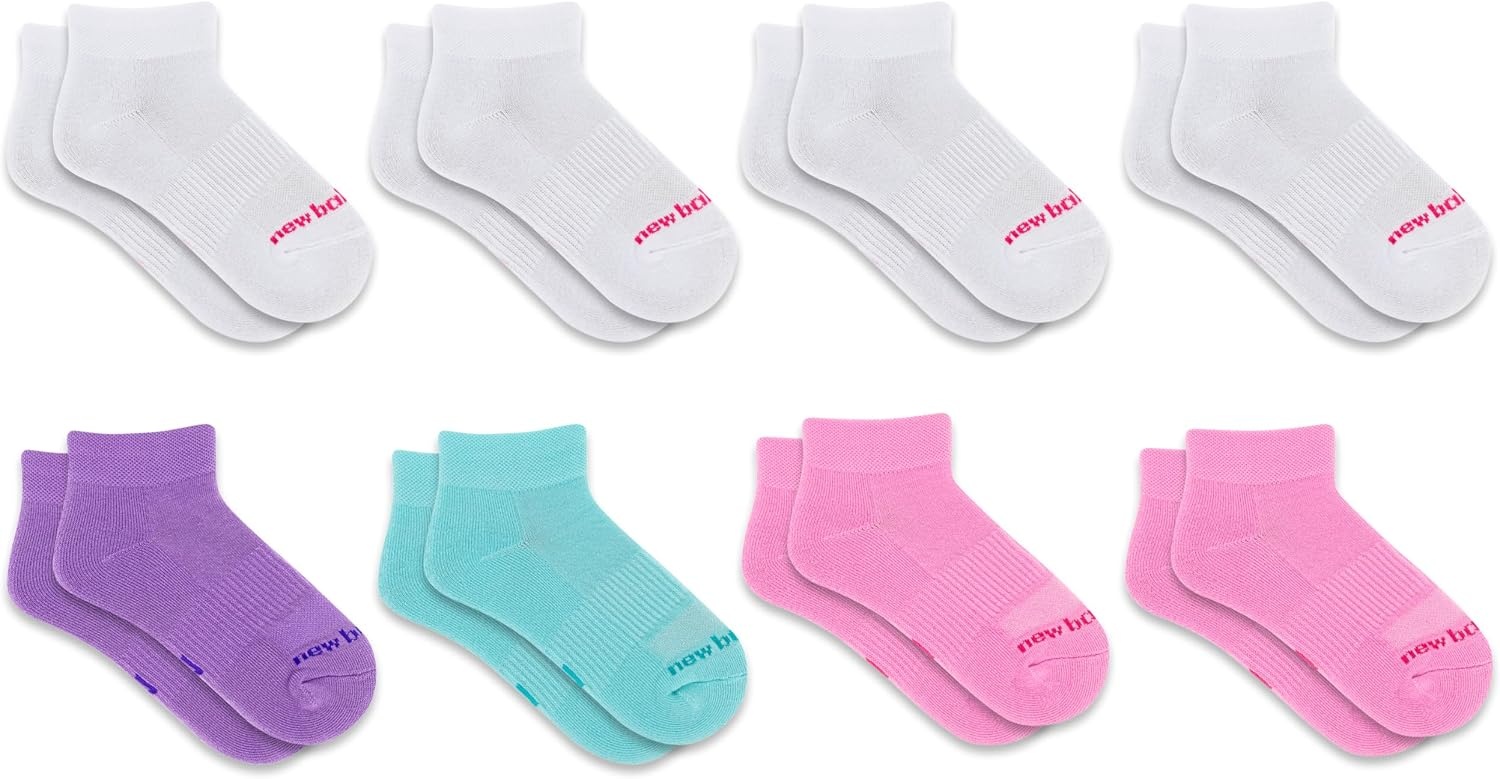 image:imageNew Balance Kids Performance Cushioned Low Cut Socks 8 Pairs Breathable Mesh Arch SupportWhitePastel