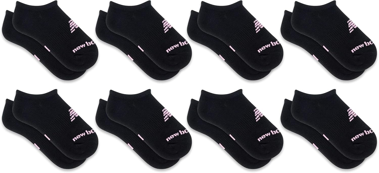 image:imageNew Balance Kids Performance Cushioned No Show Socks 8 Pairs Breathable Mesh Arch SupportBlack Pink Logo