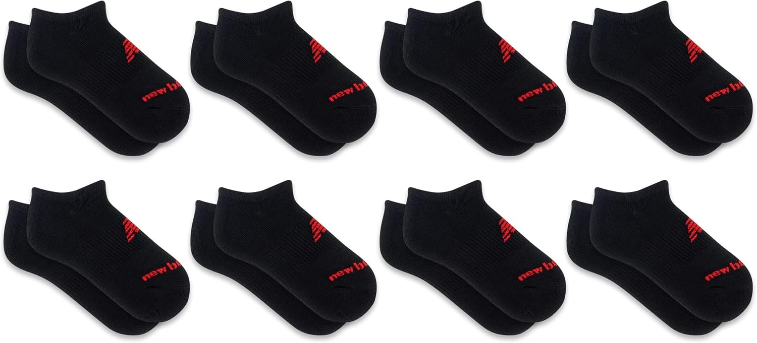 image:imageNew Balance Kids Performance Cushioned No Show Socks 8 Pairs Breathable Mesh Arch SupportBlack Red Logo