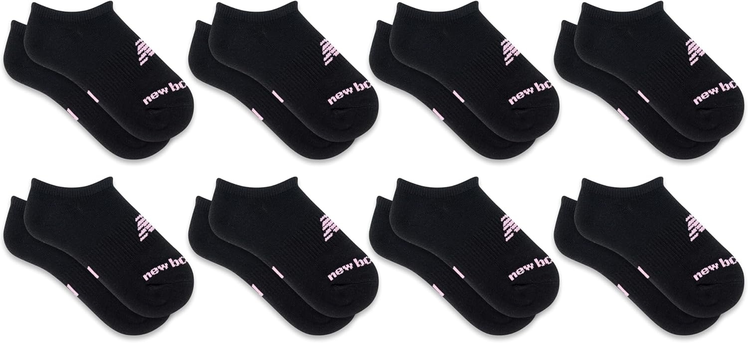 image:imageNew Balance Kids Performance Cushioned No Show Socks 8 Pairs Breathable Mesh Arch SupportLegacy Black Pink Logo