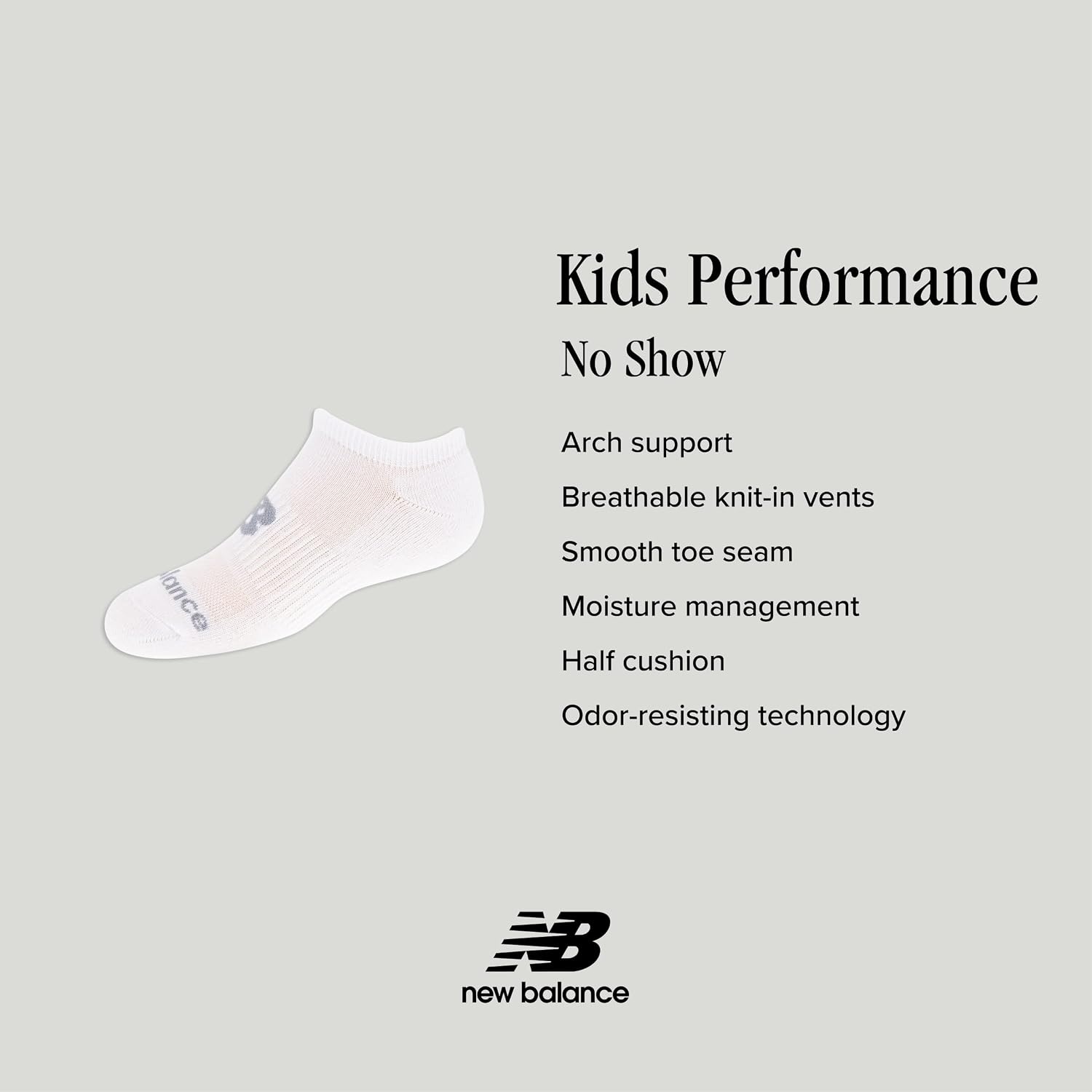 image:imageNew Balance Kids Performance Cushioned No Show Socks 8 Pairs Breathable Mesh Arch SupportLegacy White Grey Logo