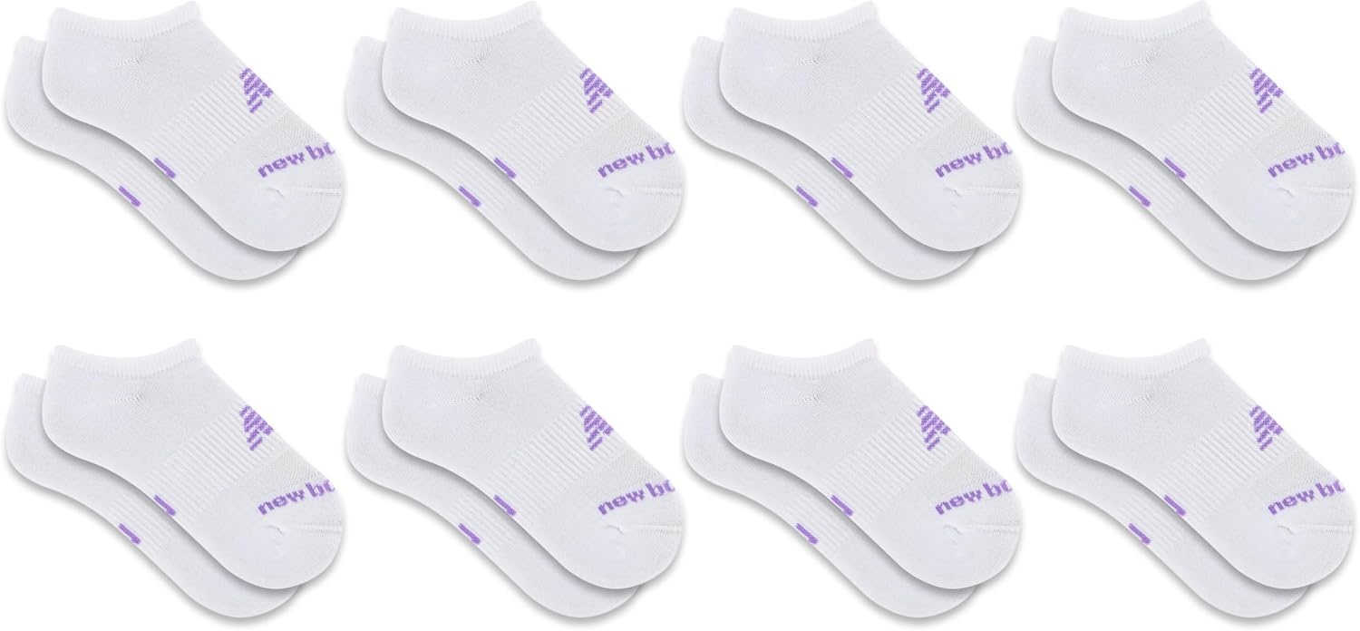 image:imageNew Balance Kids Performance Cushioned No Show Socks 8 Pairs Breathable Mesh Arch SupportLegacy White Purple Logo