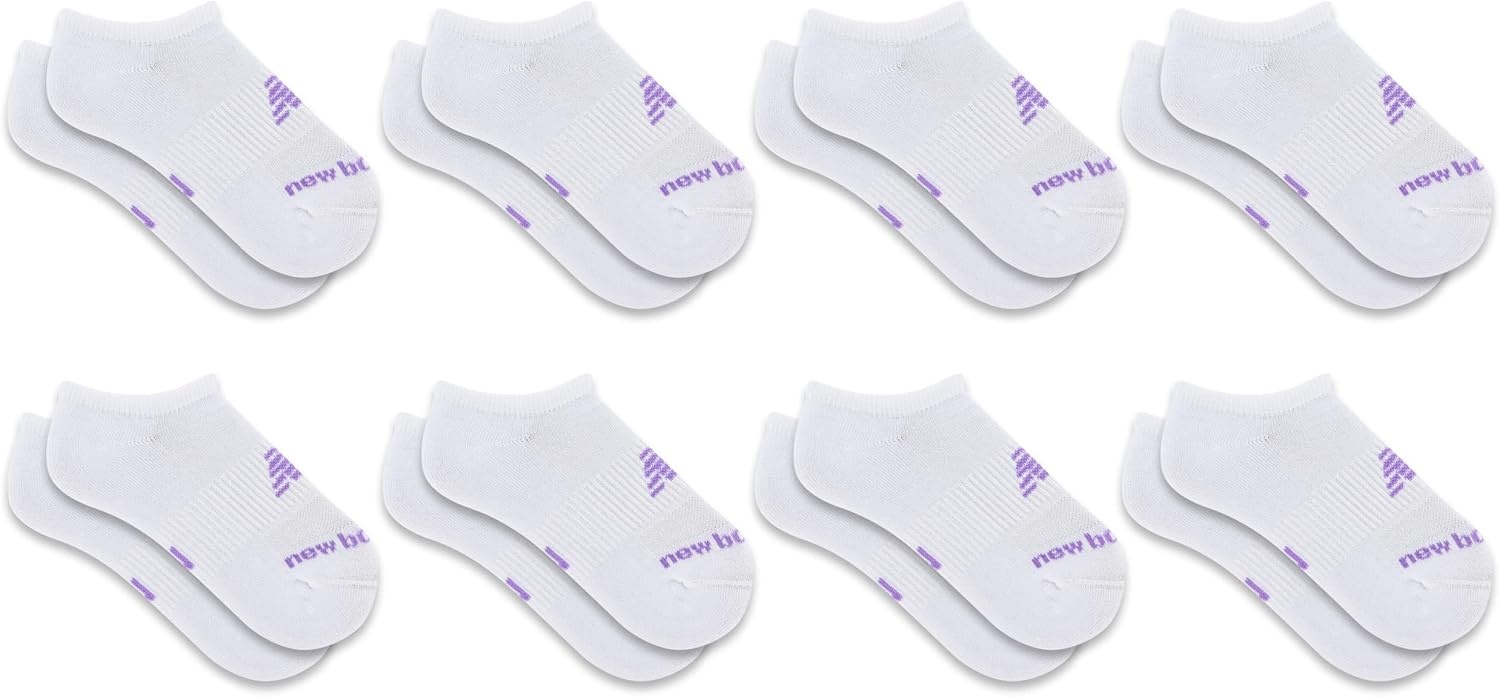 image:imageNew Balance Kids Performance Cushioned No Show Socks 8 Pairs Breathable Mesh Arch SupportWhite Purple Logo