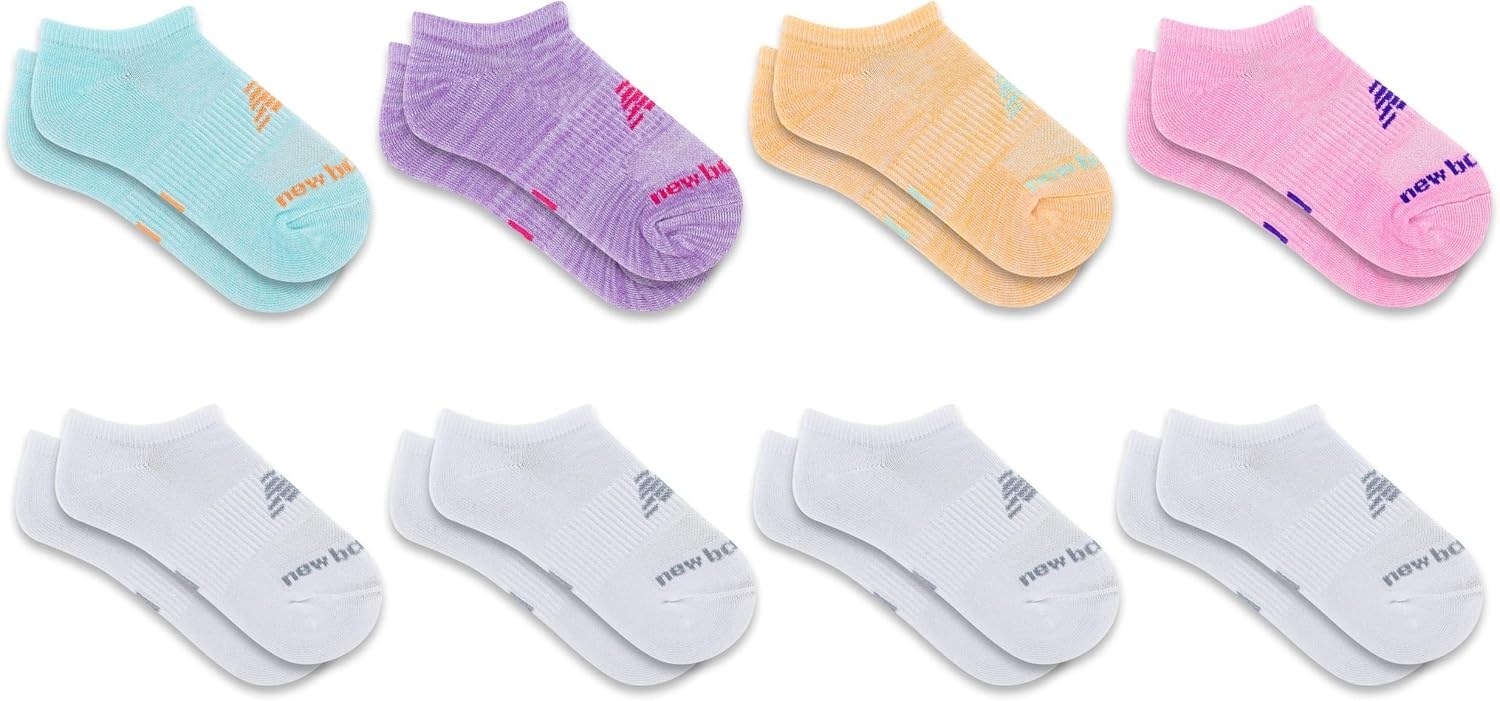 image:imageNew Balance Kids Performance Cushioned No Show Socks 8 Pairs Breathable Mesh Arch SupportWhitePastel