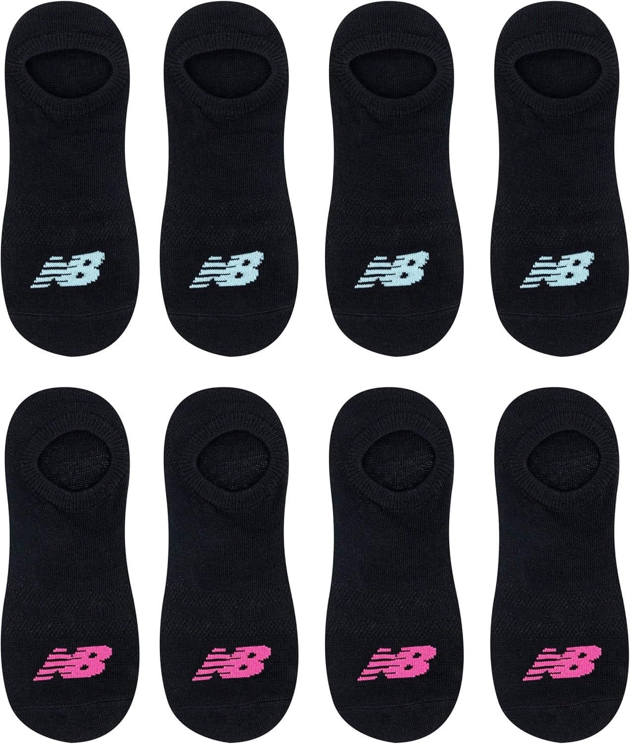 image:imageNew Balance Kids Performance Liner Socks 8 Pairs Breathable Half Cushion amp Arch SupportBlack TealPink Logo