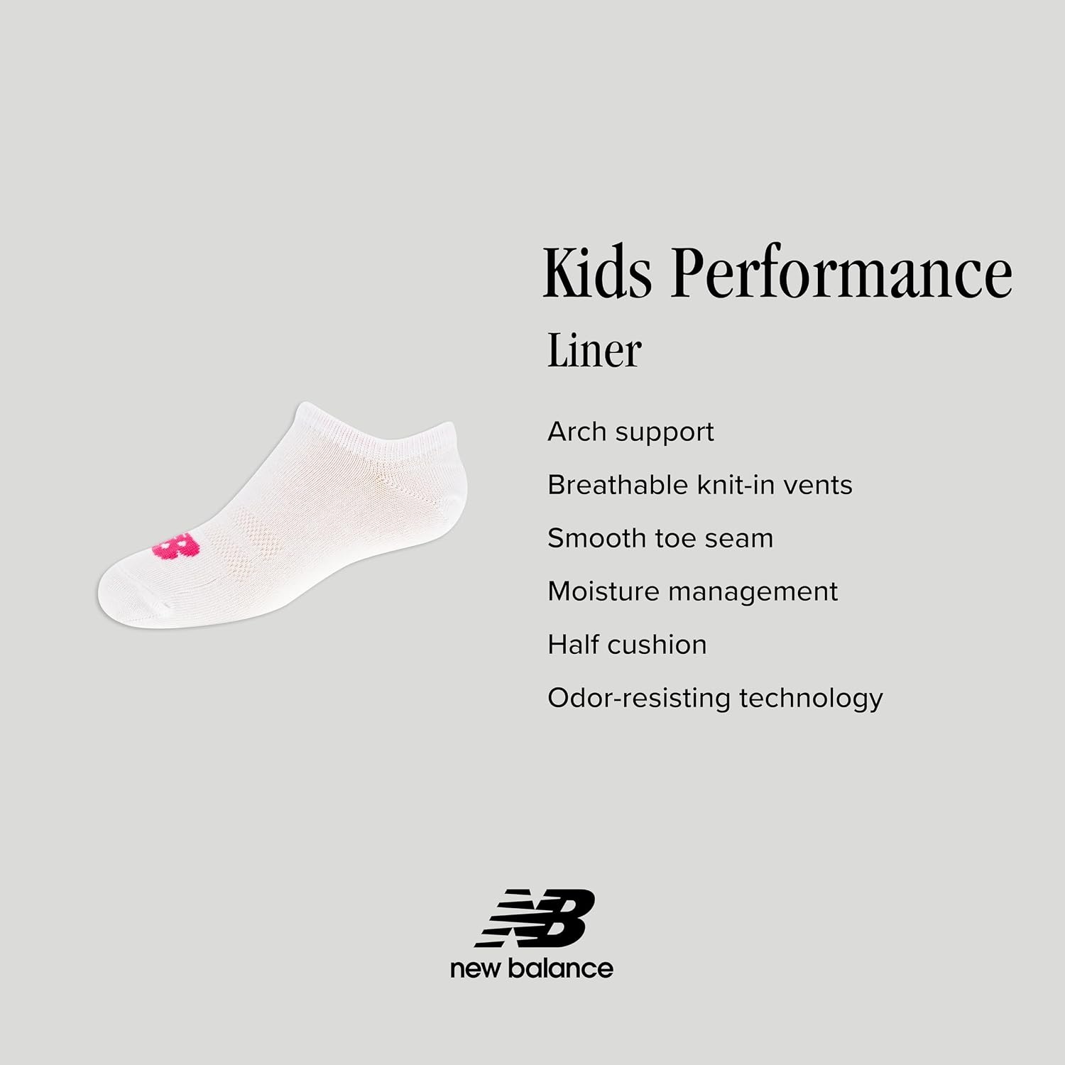 image:imageNew Balance Kids Performance Liner Socks 8 Pairs Breathable Half Cushion amp Arch SupportLegacy Black TealPink Logo