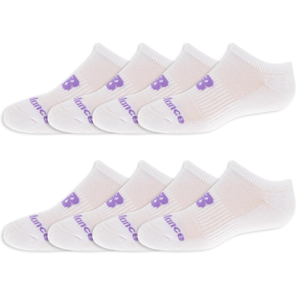 image:imageNew Balance Kids Performance Cushioned No Show Socks 8 Pairs Breathable Mesh Arch SupportLegacy White Purple Logo