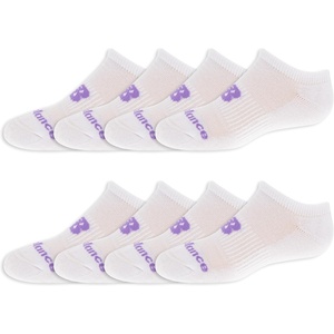 New Balance Kids’ Performance Cushioned No Show Socks – 8 Pairs – Breathable Mesh Arch Support(Legacy White (Purple Logo))