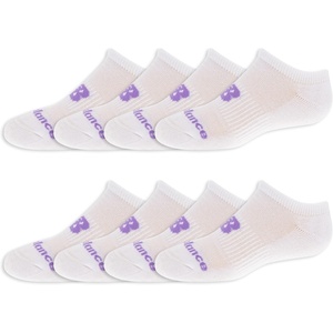 New Balance Kids’ Performance Cushioned No Show Socks – 8 Pairs – Breathable Mesh Arch Support(White (Purple Logo))