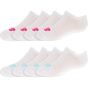 New Balance Kids’ Performance Liner Socks – 8 Pairs – Breathable Half Cushion & Arch Support(White (Pink/Teal Logo))