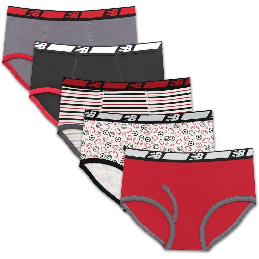 image:imageNew Balance Boys Nonbrushed Jersey Performance Wicking Cotton Brief Underwear 5 PackStripesTeamBlackLeadSports