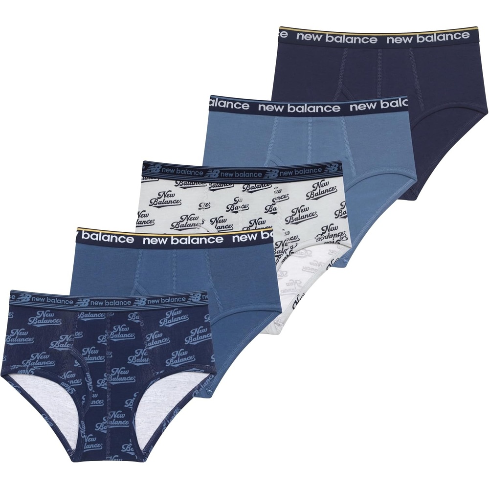 image:imageNew Balance Boys Nonbrushed Jersey Performance Wicking Cotton Brief Underwear 5 PackTeam NavyFrosted GlassShoreline Blue Team NavyDark Shoreline Blue