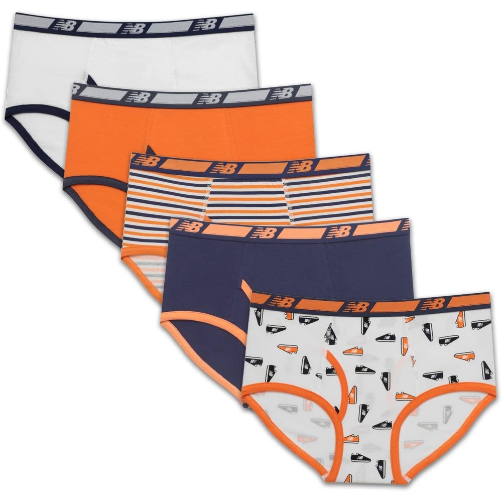 image:imageNew Balance Boys Nonbrushed Jersey Performance Wicking Cotton Brief Underwear 5 PackTeam NavyWhiteStripesGinger OrangeShoes