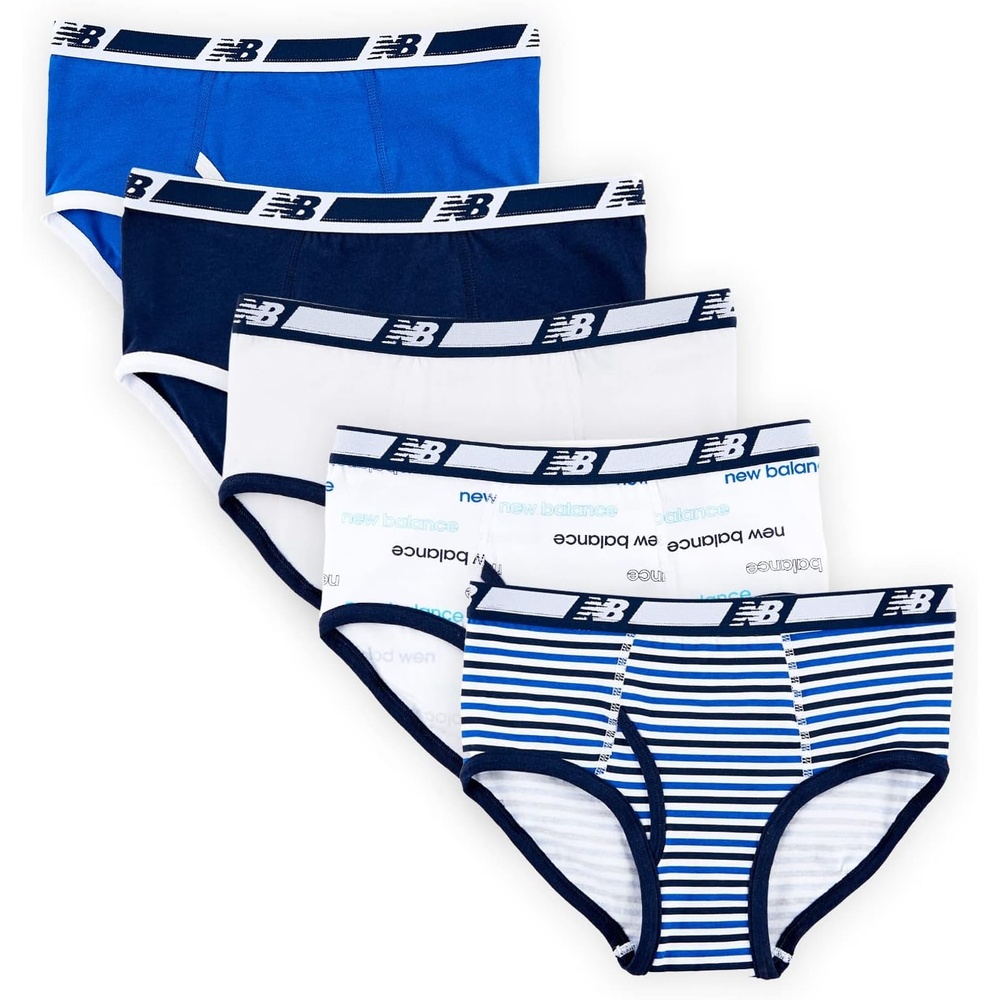 image:imageNew Balance Boys Nonbrushed Jersey Performance Wicking Cotton Brief Underwear 5 PackTeam NavyWhiteWord Blue Team RoyalStripes