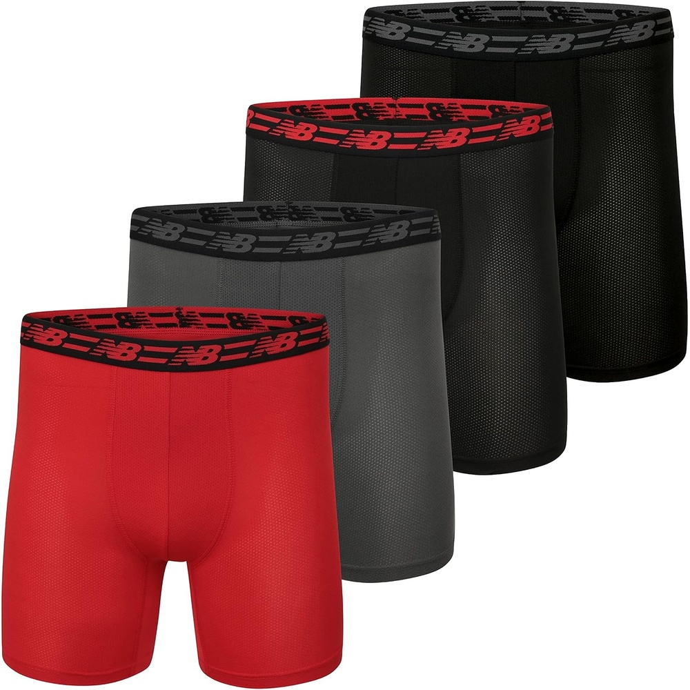 image:imageNew Balance Mens Mesh Jersey Performance Wicking No Fly Boxer Briefs Underwear 4 PackBlackBlackMagnetTeam Red