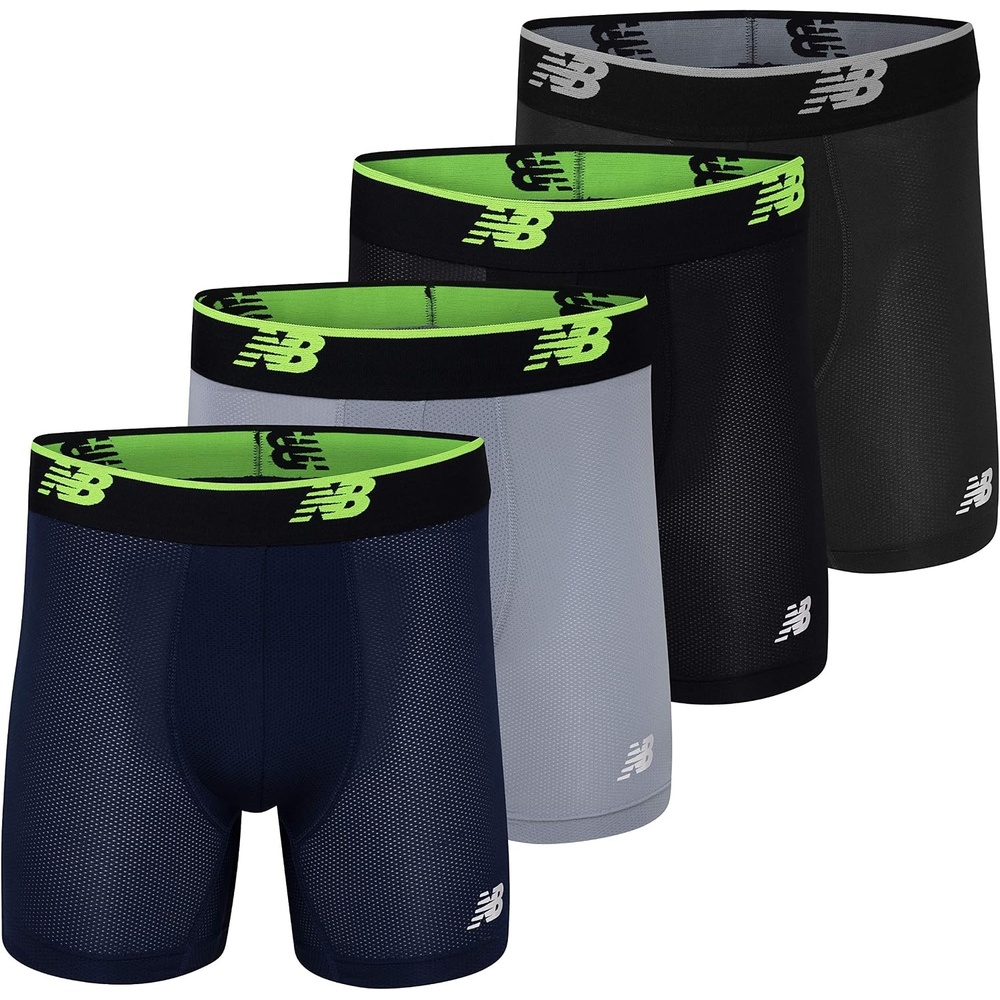 image:imageNew Balance Mens Mesh Jersey Performance Wicking No Fly Boxer Briefs Underwear 4 PackBlackstSteelPigmentrgBlackrg