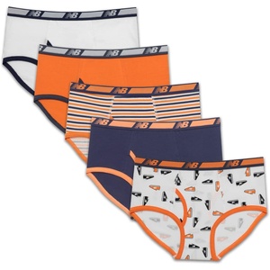 New Balance Boys’ Non-brushed Jersey Performance Wicking Cotton Brief Underwear (5 Pack)(Team Navy/White/Stripes/Ginger Orange/Shoes)