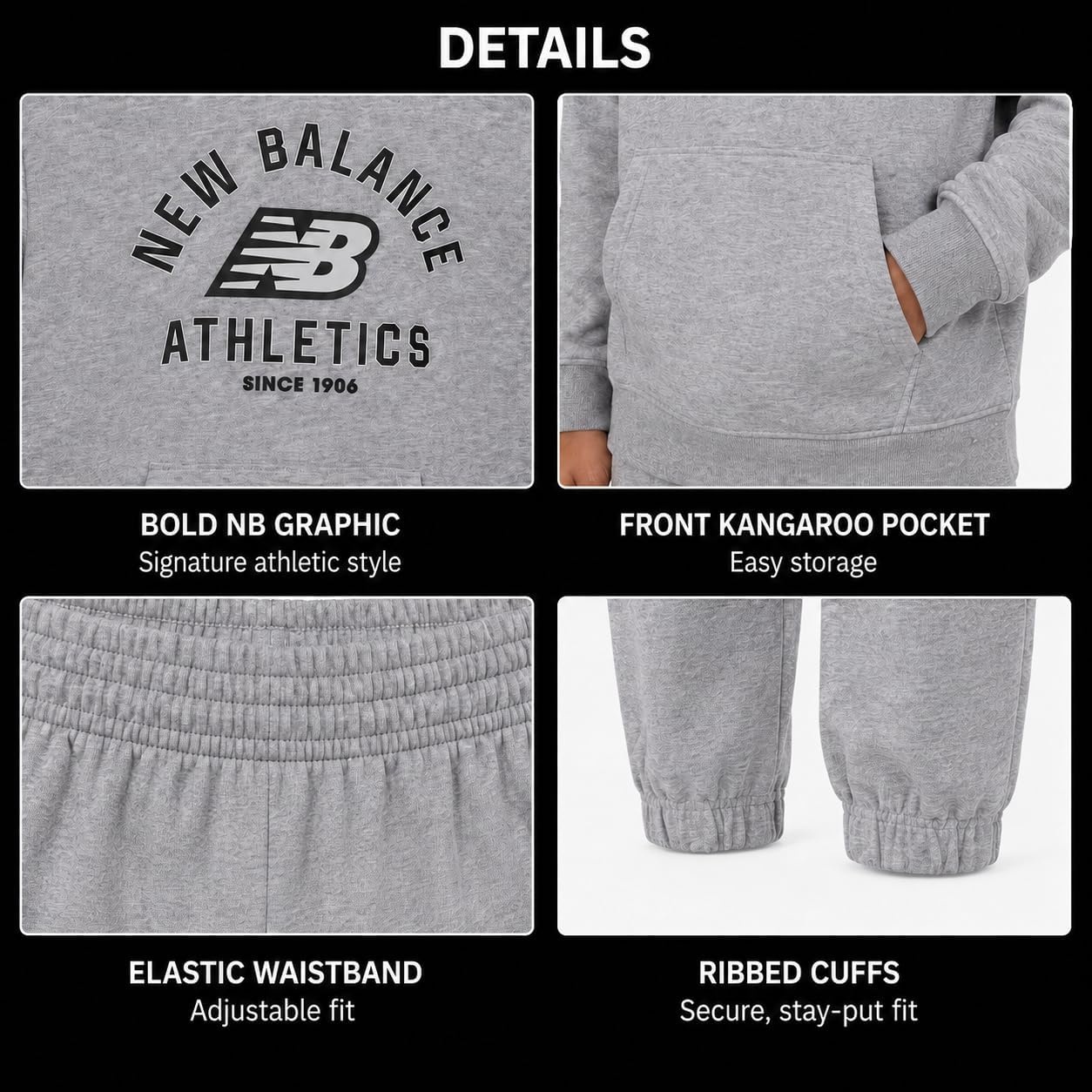 image:imageNew Balance Boys 2 Piece Fleece Pullover Hoodie amp Jogger Sweatpants 816Grey