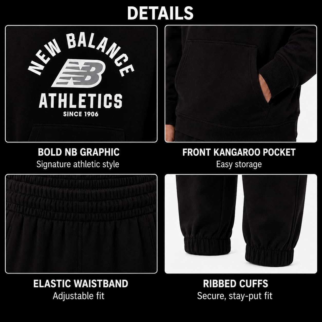 image:imageNew Balance Boys 2 Piece Fleece Pullover Hoodie amp Jogger Sweatpants 816New Black