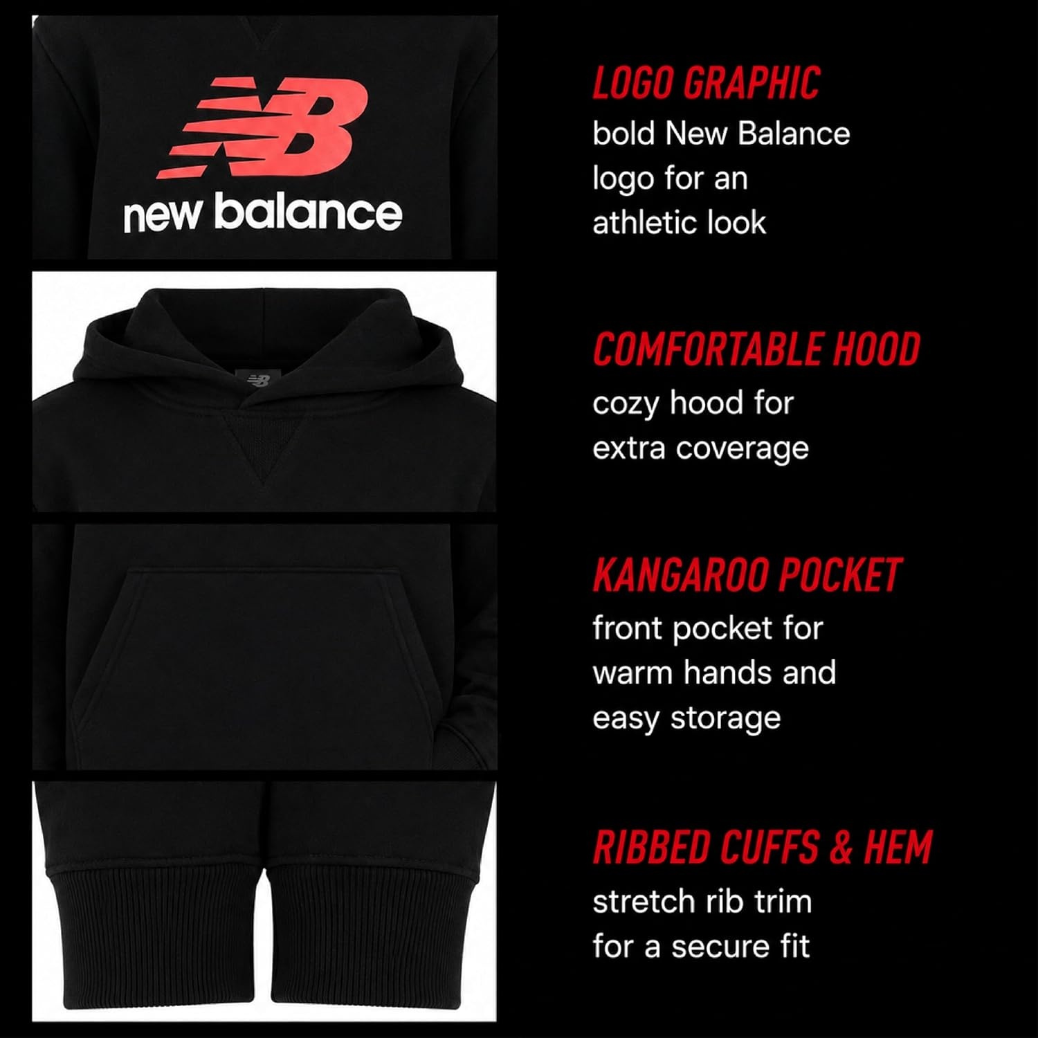 image:imageNew Balance Boys Lightweight Double Fleece Lined Pullover Hoodie 820Deep Black