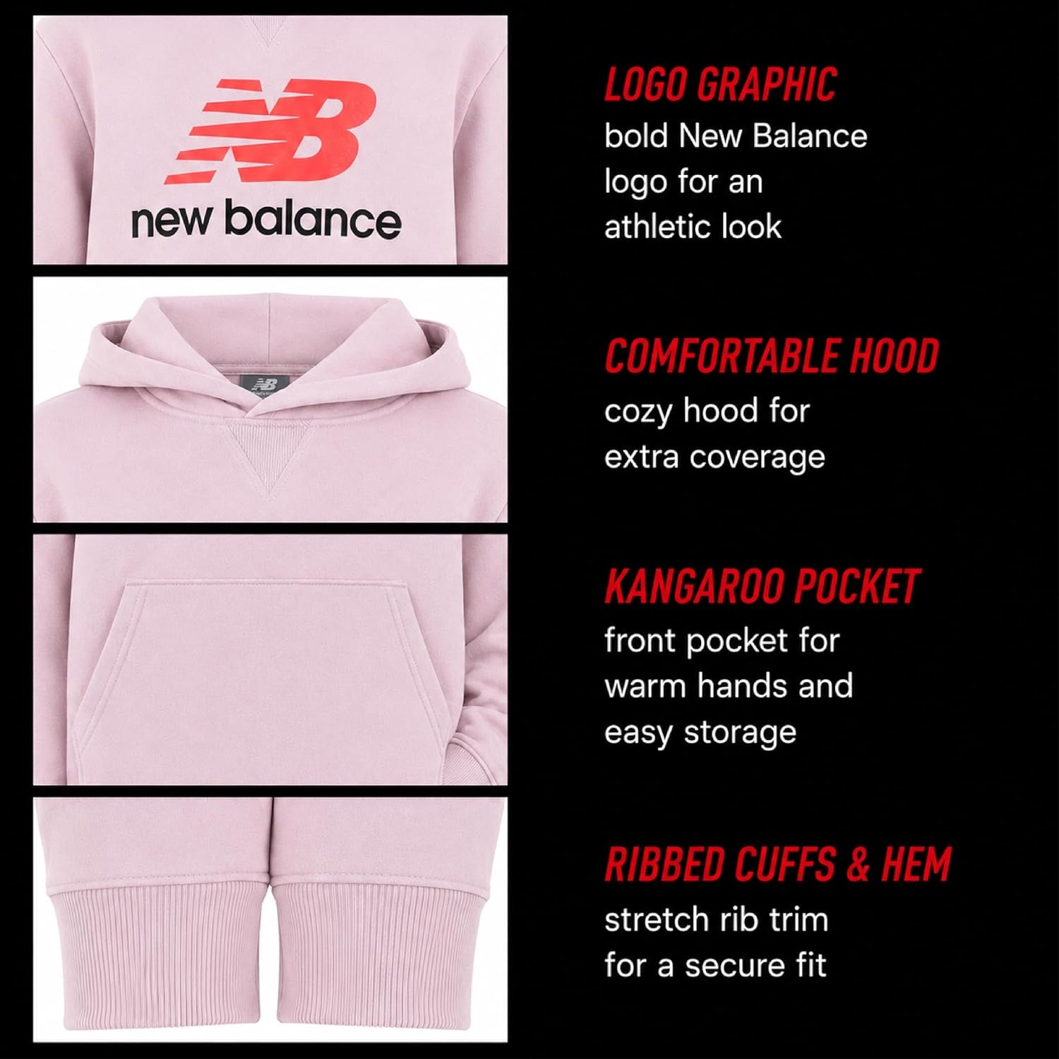 image:imageNew Balance Boys Lightweight Double Fleece Lined Pullover Hoodie 820Rose Sugar