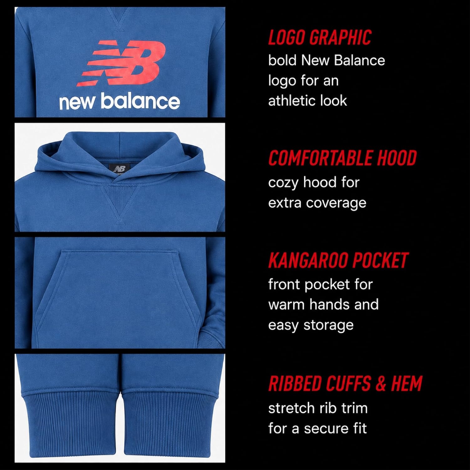 image:imageNew Balance Boys Lightweight Double Fleece Lined Pullover Hoodie 820Seastone